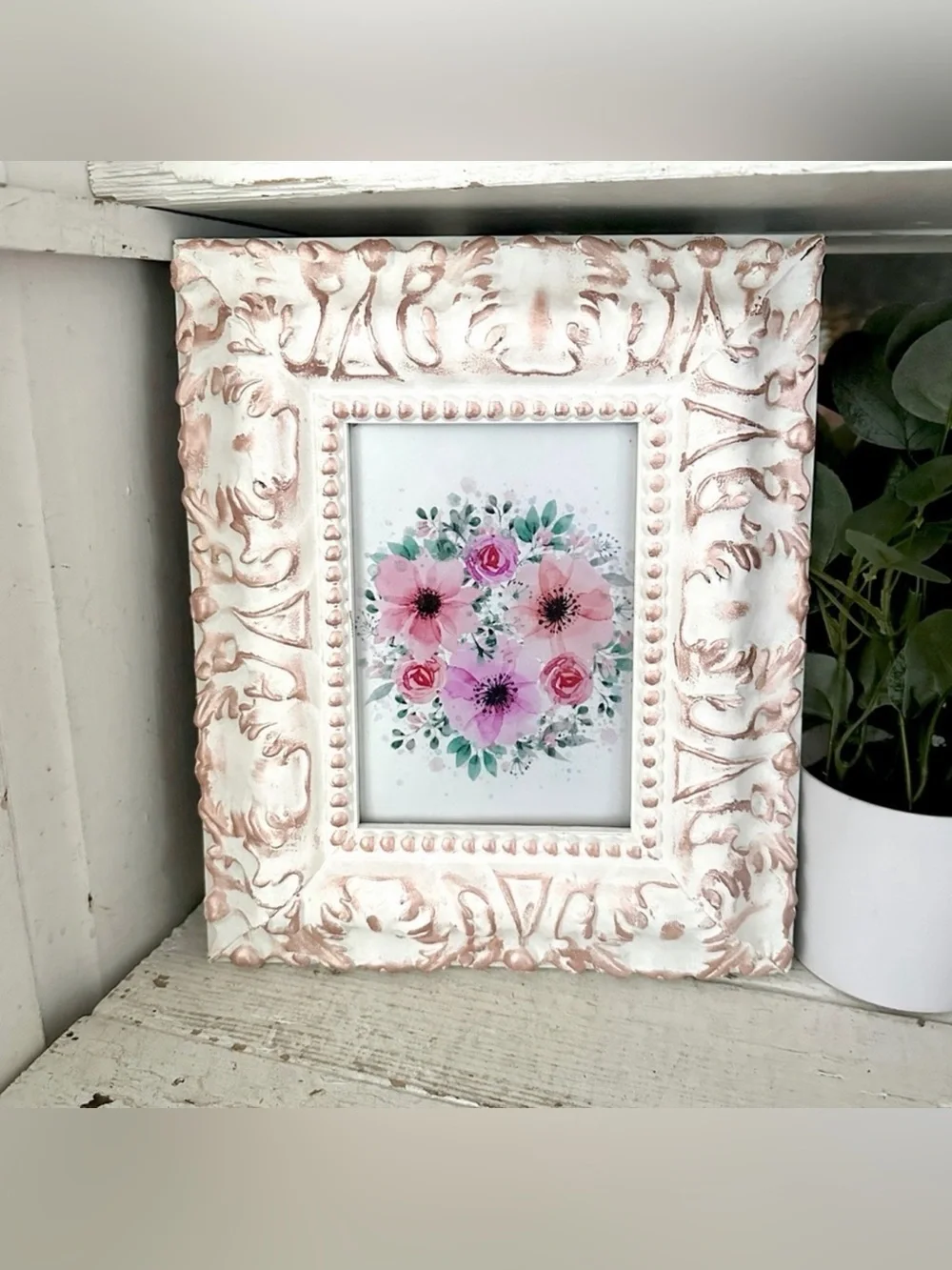 Colorful Floral Picture Vintage Style Ornate Thick White Rose Gold Framed Art